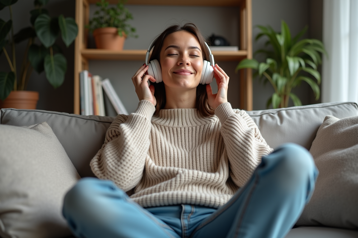 Femme détendue avec écouteurs sans fil dans un salon cosy