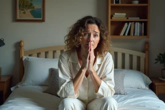 Femme en pyjama pensif se couvre la bouche pour tousser