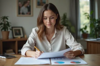 Femme lisant un rapport PET et documents santé à la maison