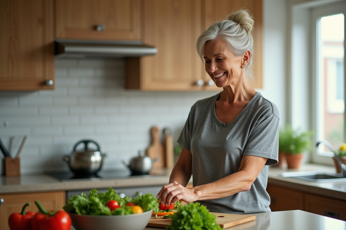 Femme de 62 ans préparant une salade dans la cuisine