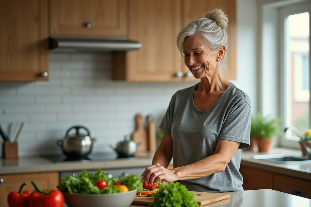 Femme de 62 ans préparant une salade dans la cuisine