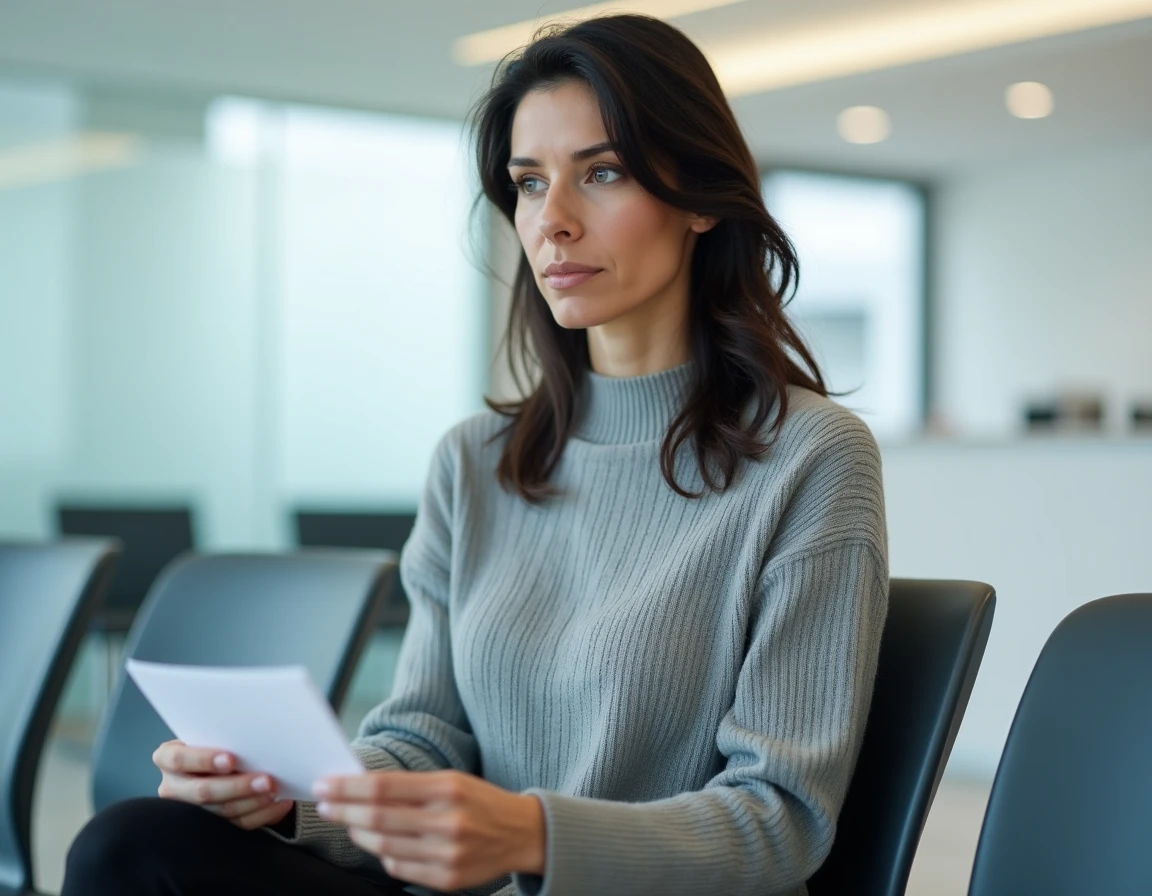 Femme assise dans une salle d'attente d'un laboratoire d'analyses médicales avant une prise de sang pour les transaminases SGPT