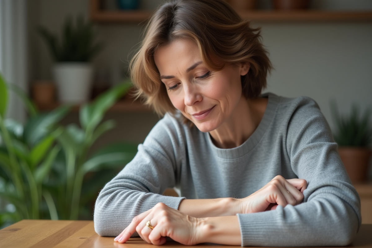 Femme examinant une cicatrice sur son bras