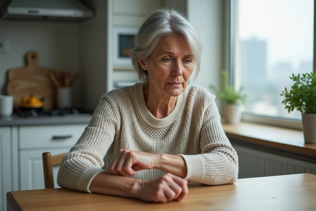 Femme d'âge moyen vérifiant son pouls dans sa cuisine
