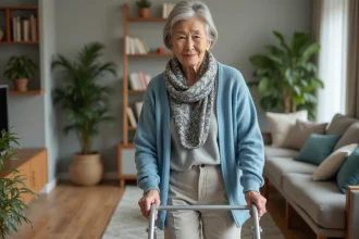 Femme senior marchant avec un rollator dans un salon moderne