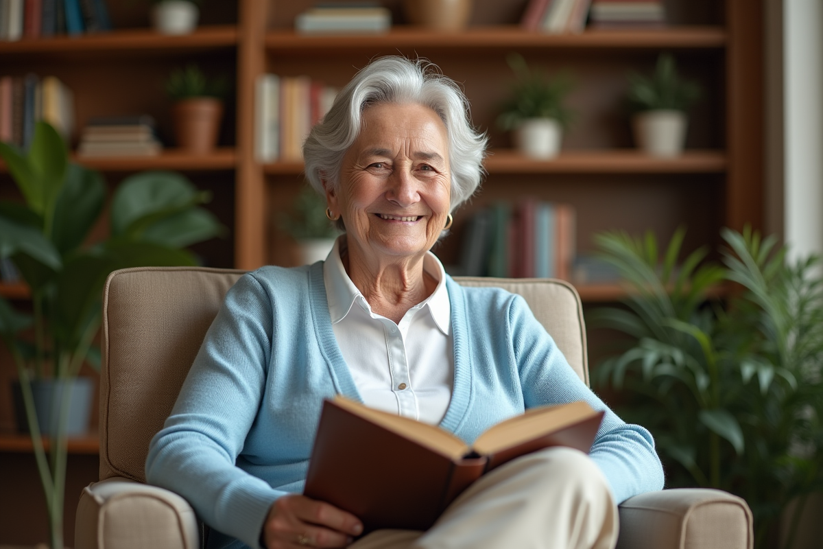 Femme senior souriante dans un coin lecture chaleureux