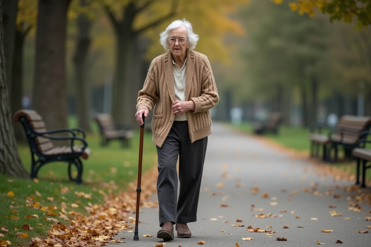 Femme âgée marche avec canne dans un parc urbain