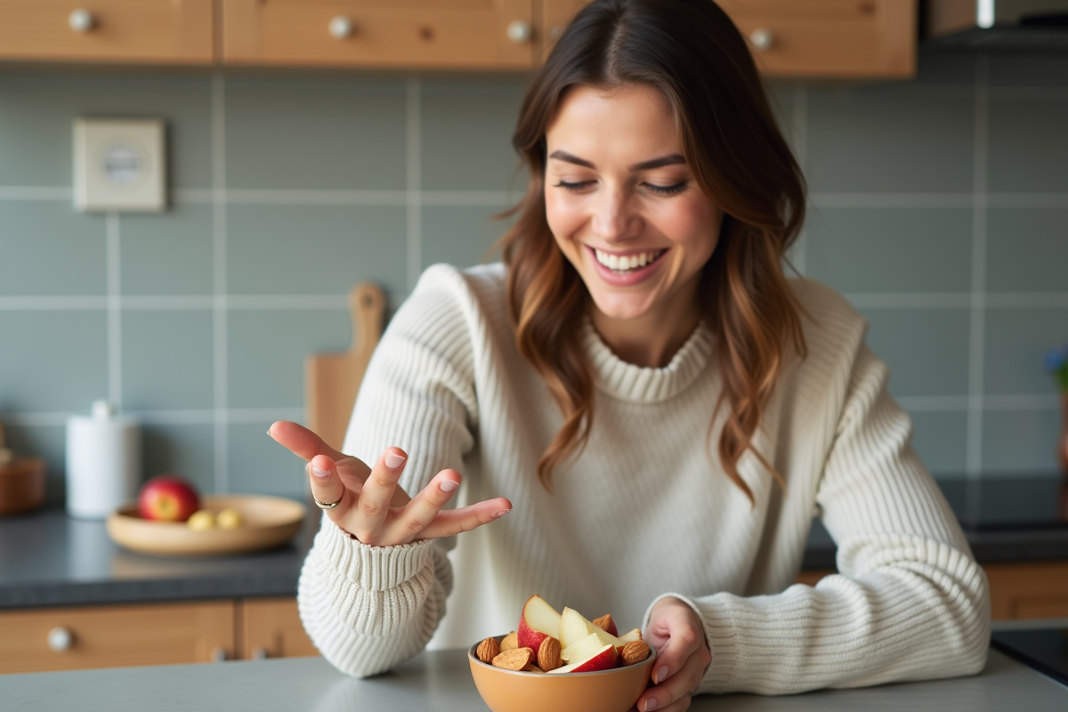 Femme souriante atteignant un bol de fruits et amandes