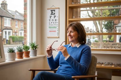 Femme souriante dans un magasin d'optique chaleureux