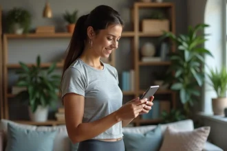 Femme souriante en tenue de sport dans un salon chaleureux