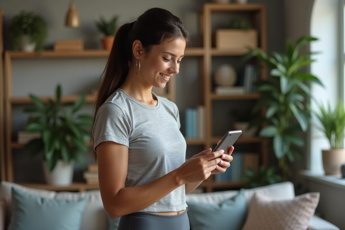 Femme souriante en tenue de sport dans un salon chaleureux
