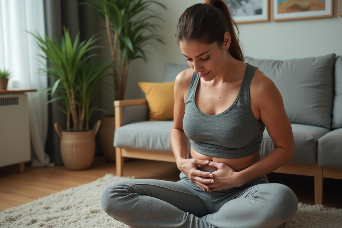 Femme sportive assise dans son salon lumineux et cosy