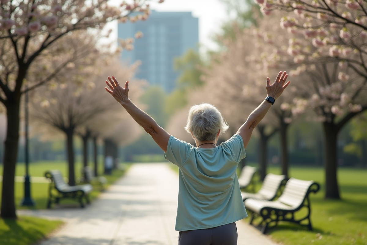 Femme âgée en tenue sportive s'étirant dans un parc au printemps