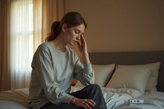 Femme fatiguée assise sur son lit avec thermomètre et verre d'eau, illustrant les symptômes atypiques d'un nouveau variant Covid en 2026