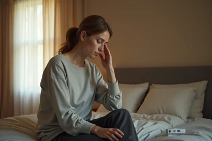 Femme fatiguée assise sur son lit avec thermomètre et verre d'eau, illustrant les symptômes atypiques d'un nouveau variant Covid en 2026