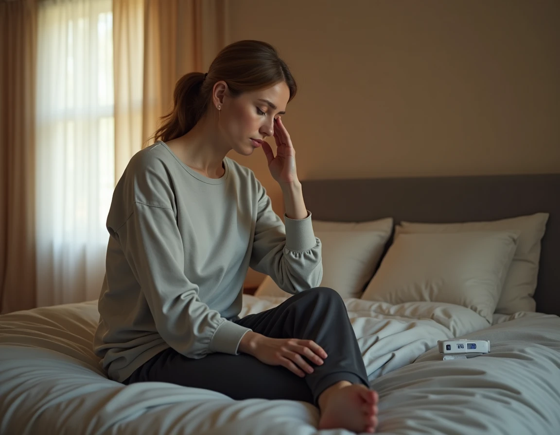 Femme fatiguée assise sur son lit avec thermomètre et verre d'eau, illustrant les symptômes atypiques d'un nouveau variant Covid en 2026
