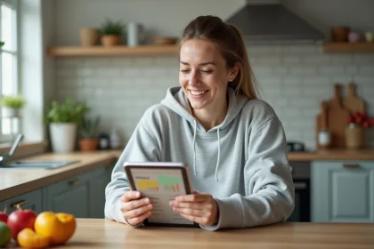 Femme assise à la table avec tablette et tableau de santé