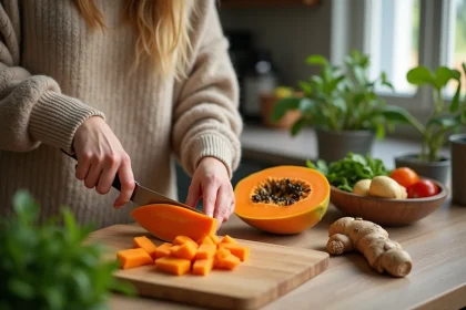 Femme en cuisine coupant une papaye fraîche