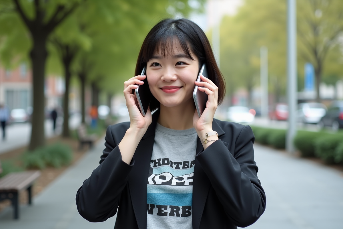 Femme avec deux téléphones dans un parc urbain