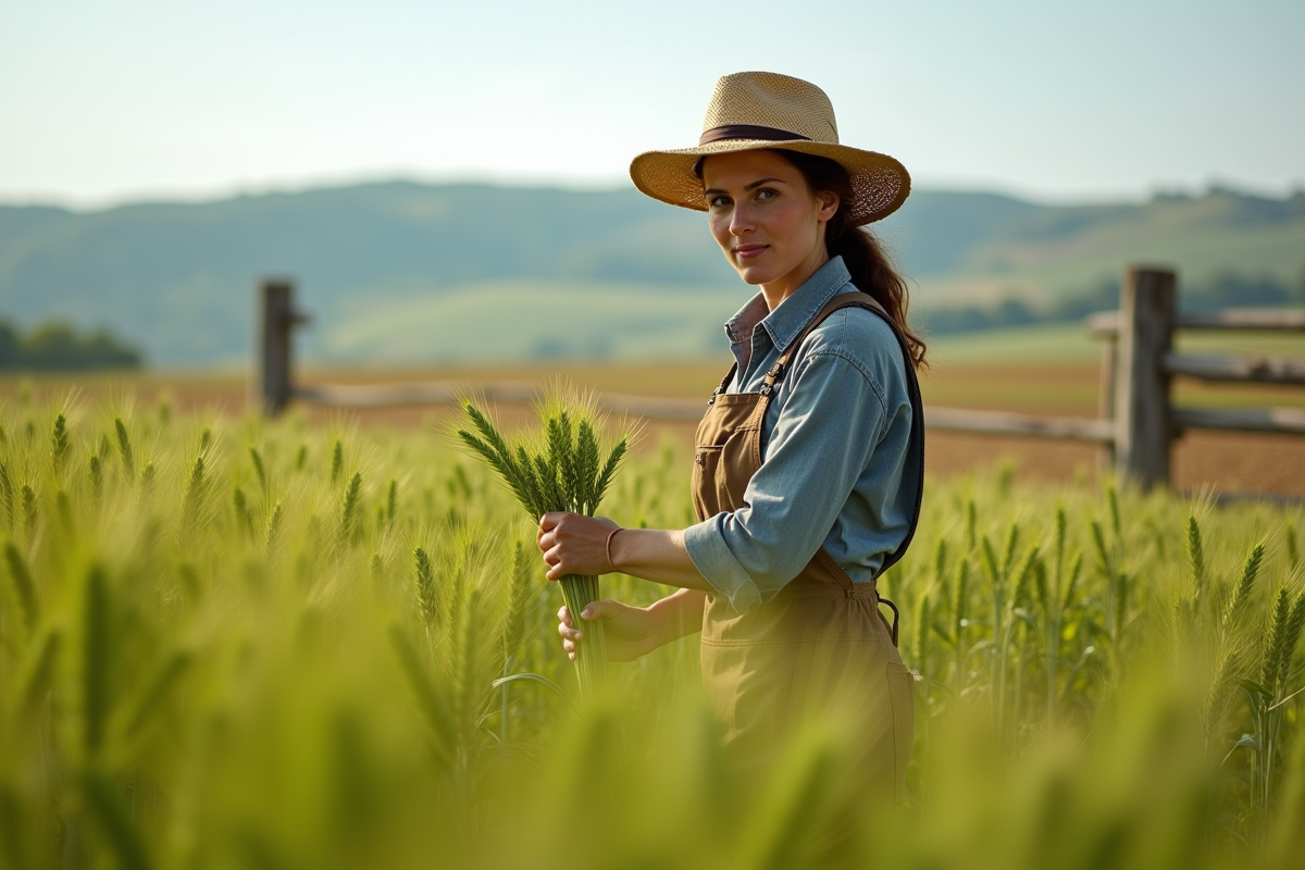 Fermière examinant du blé vert dans un champ ensoleille