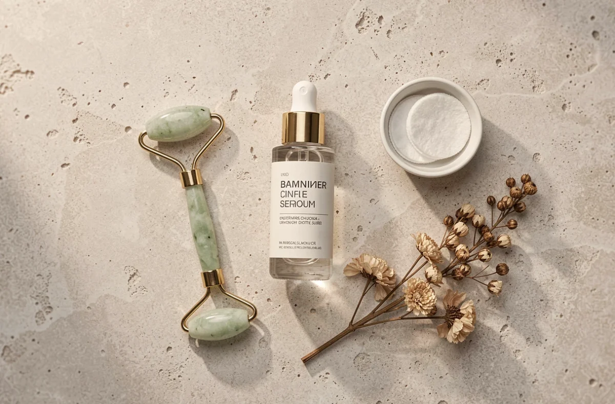 Flat lay de produits de soin minimalistes pour une routine beauté avec cure purifiante Circle CLEAR sur surface en pierre claire