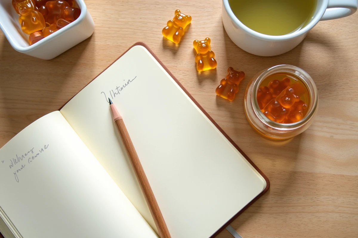 Vue de dessus d'un journal de bien-être, de gummies en forme d'oursons et d'une tisane sur une table en bois, illustrant l'organisation d'une cure de compléments alimentaires