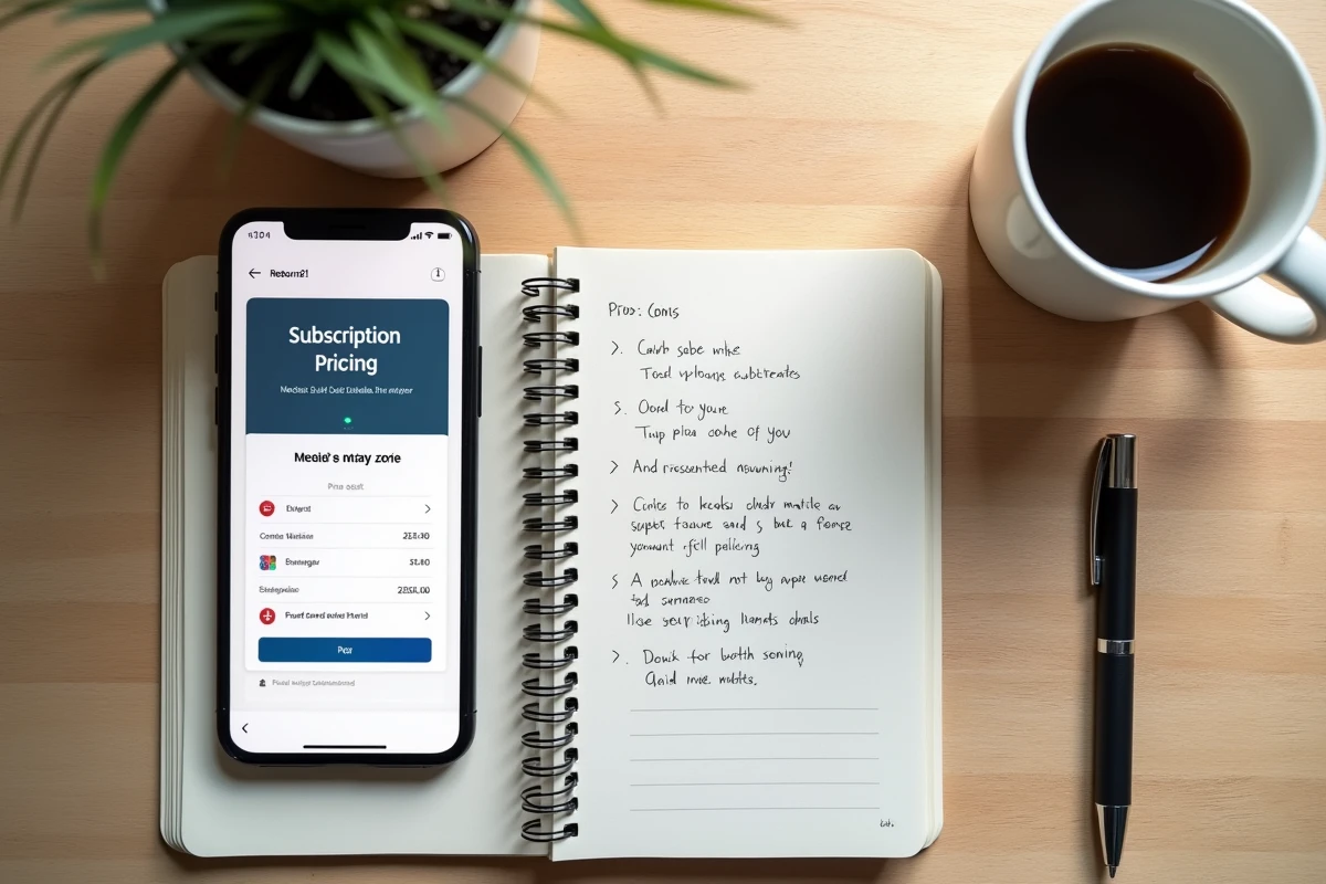 Flat lay d'un bureau avec smartphone affichant les tarifs de Reborn21 et notes manuscrites de comparaison