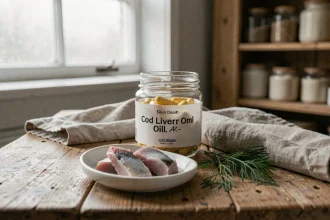 Bocal de capsules d'huile de foie de morue sur une table en bois avec des morceaux de foie cru et de l'aneth frais, photographie éditoriale culinaire réaliste