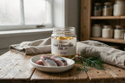 Bocal de capsules d'huile de foie de morue sur une table en bois avec des morceaux de foie cru et de l'aneth frais, photographie éditoriale culinaire réaliste