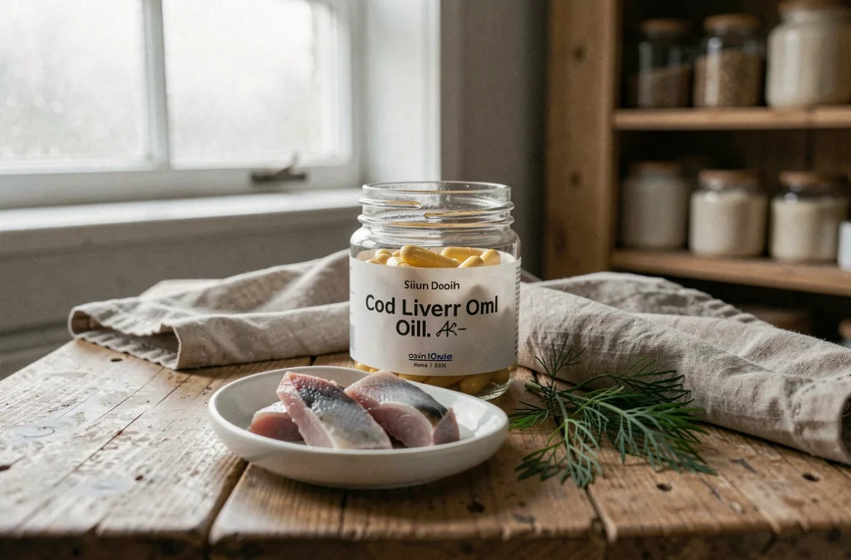 Bocal de capsules d'huile de foie de morue sur une table en bois avec des morceaux de foie cru et de l'aneth frais, photographie éditoriale culinaire réaliste