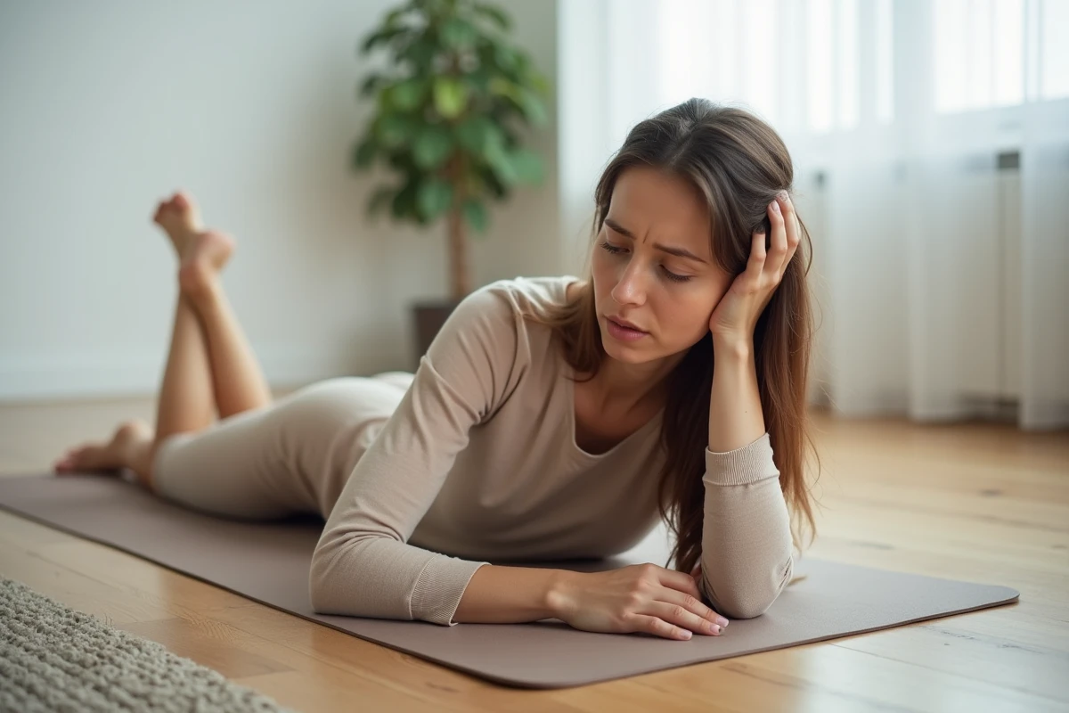 Femme allongée sur un tapis de yoga se relevant avec des fourmillements dans le bras, sensation de membre endormi