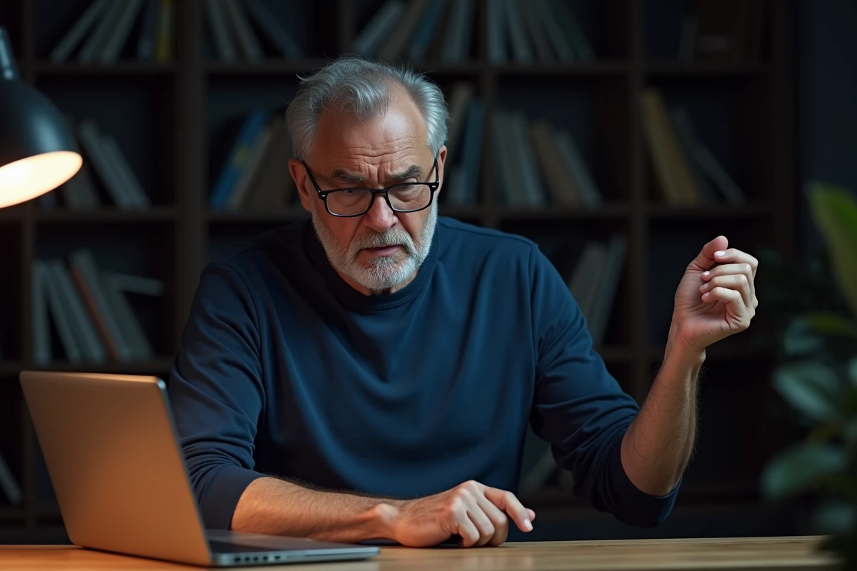 Homme massant son avant-bras le soir assis à son bureau, sensation de fourmillements dans les bras en fin de journée