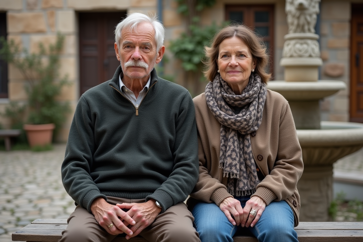 Frère et sœur assis sur un banc en village rural