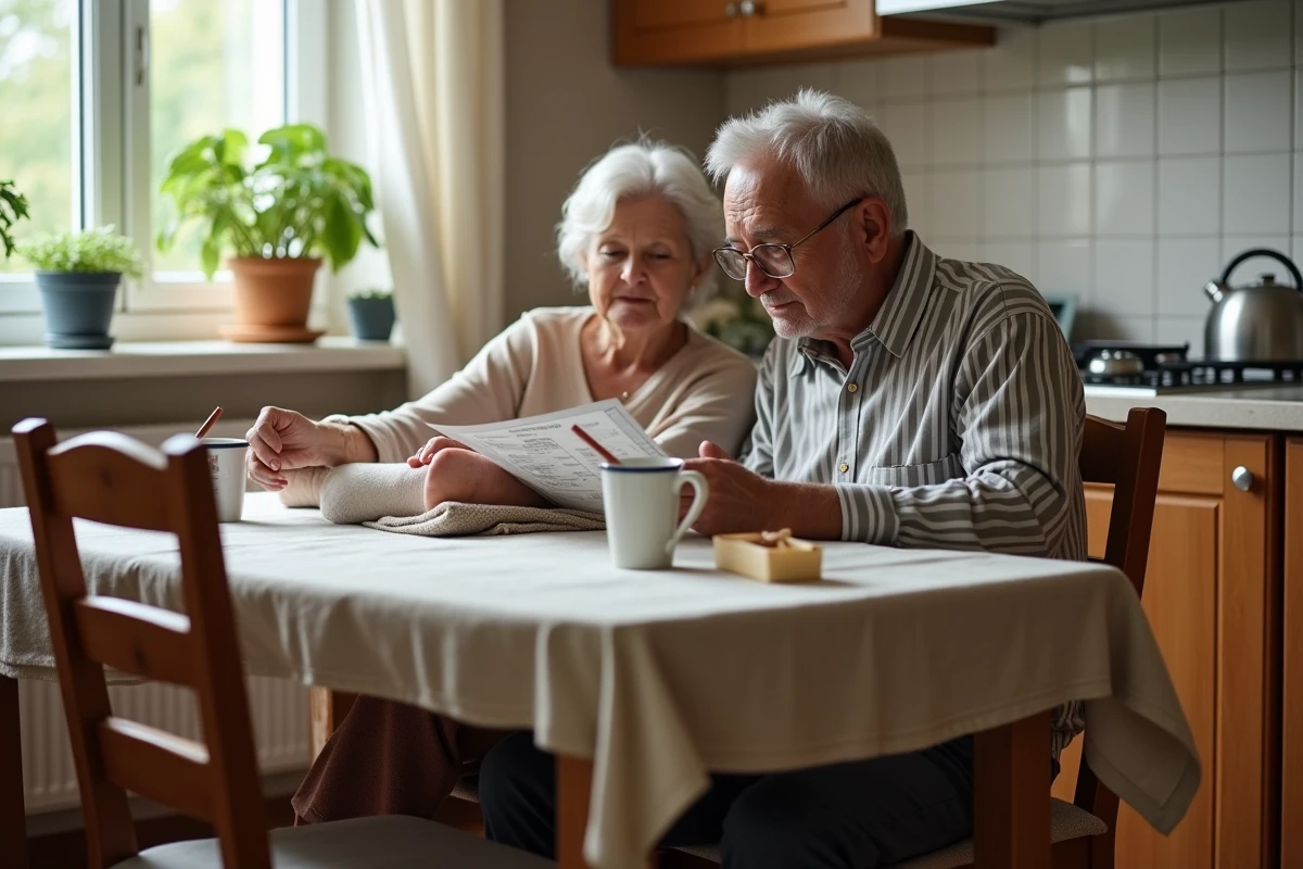 Couple de personnes âgées gérant les chevilles enflées à domicile avec élévation de la jambe et organisation des médicaments
