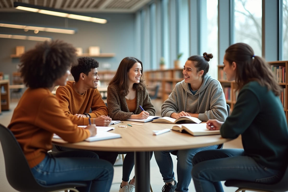 Jeunes adultes discutant autour du DSM6 dans une bibliothèque lumineuse