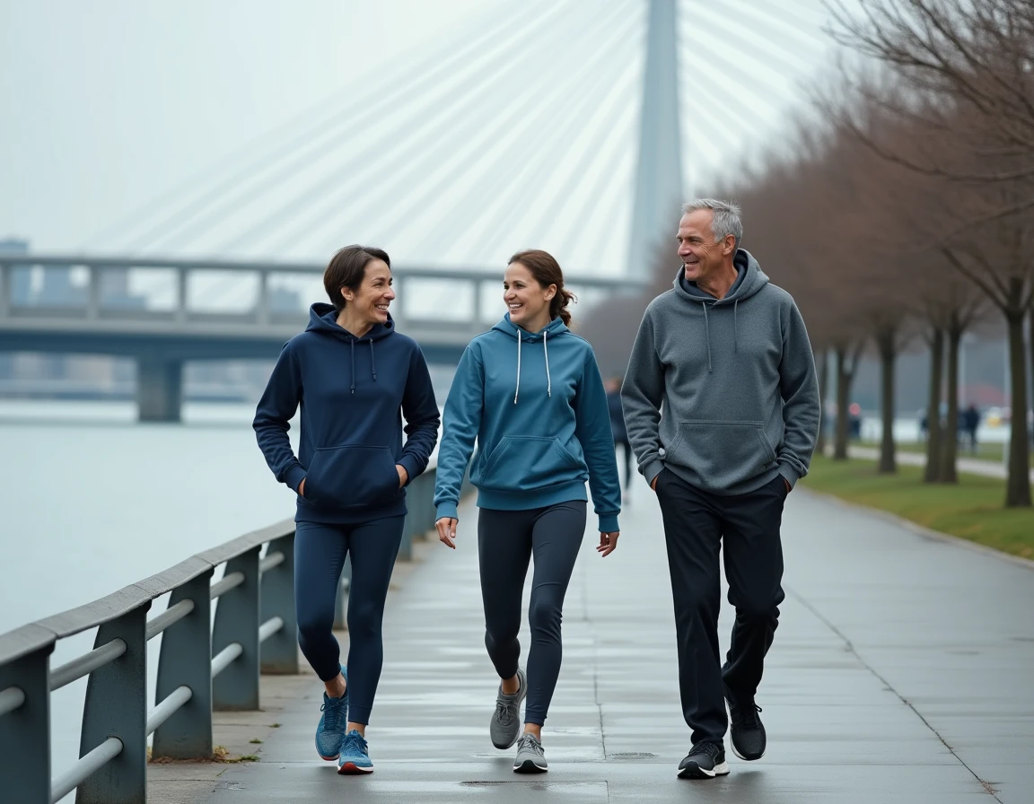 Groupe d'adultes marchant ensemble sur une promenade au bord de l'eau pour atteindre 10000 pas et améliorer leur santé cardiovasculaire