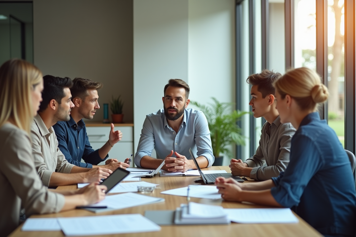 Groupe de professionnels en réunion dans un bureau moderne