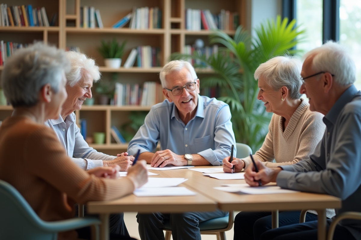 Groupe de seniors jouant à des jeux de mémoire en bibliothèque