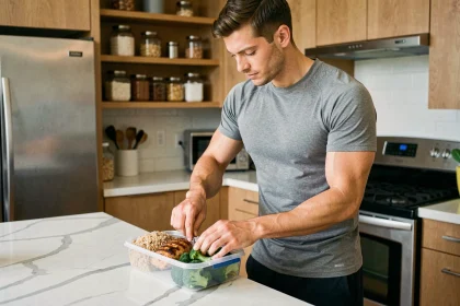 Homme sportif de 70 kg préparant un repas de prise de masse avec poulet grillé, riz complet et brocoli dans une cuisine moderne
