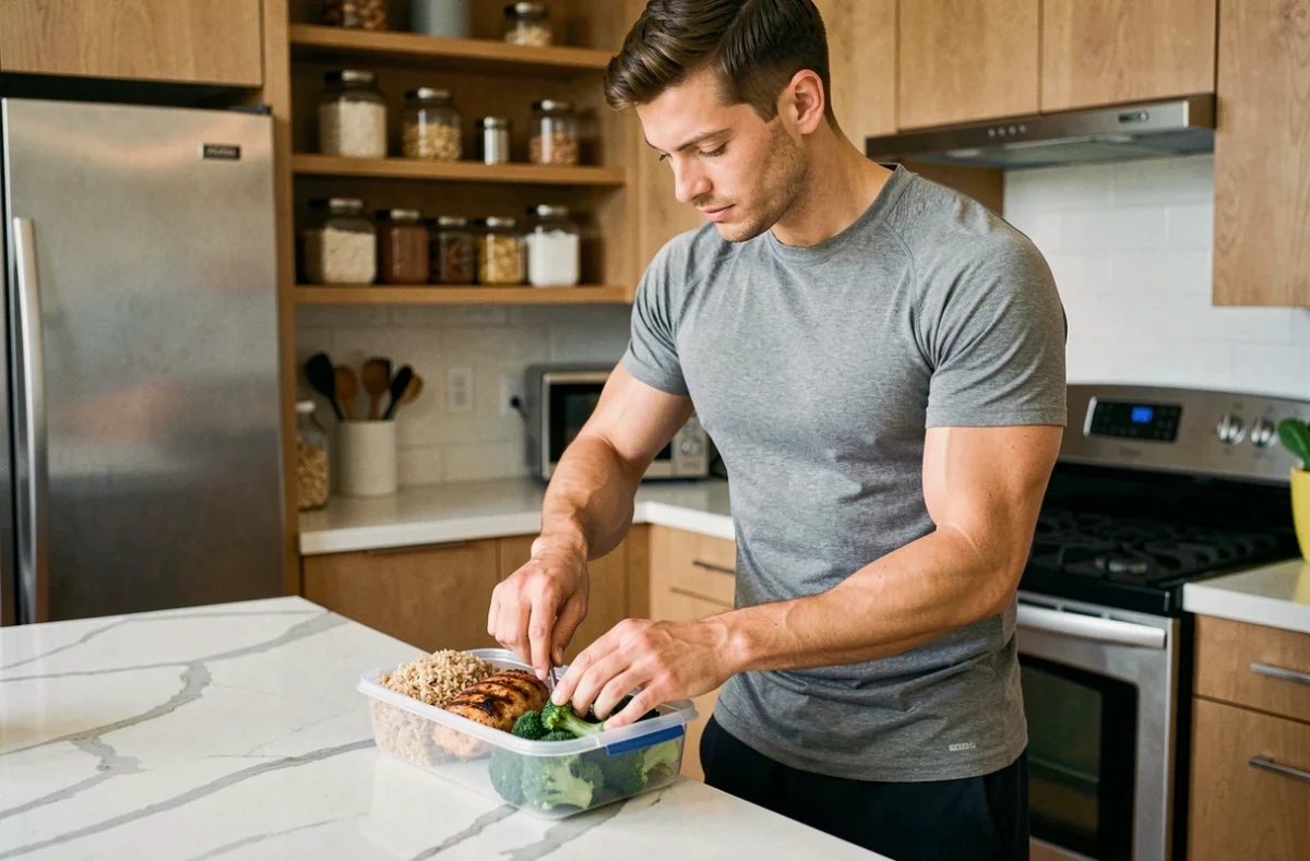Homme sportif de 70 kg préparant un repas de prise de masse avec poulet grillé, riz complet et brocoli dans une cuisine moderne