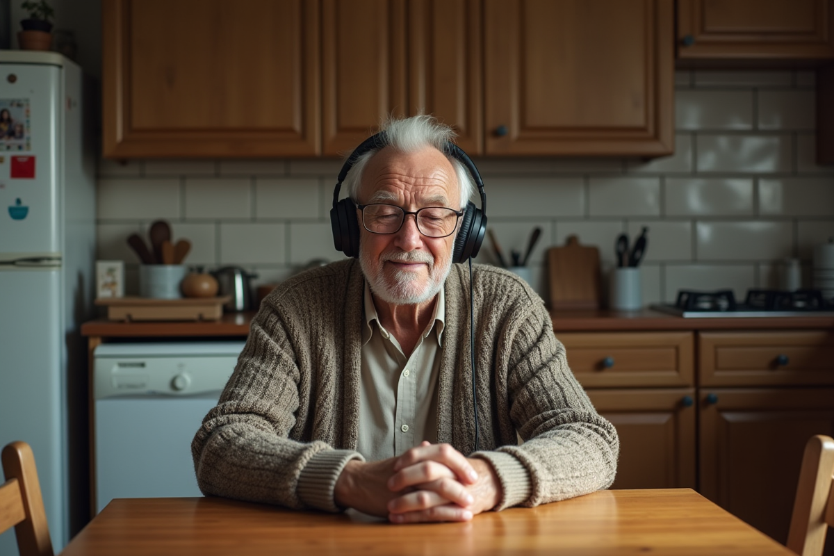 Homme âgé écoute de la musique avec casque dans une cuisine chaleureuse