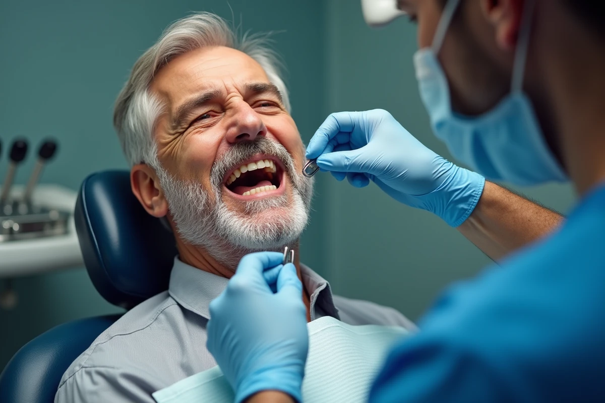 Homme âgé en consultation dentaire pour examen de la mâchoire, dépistage cancer buccal