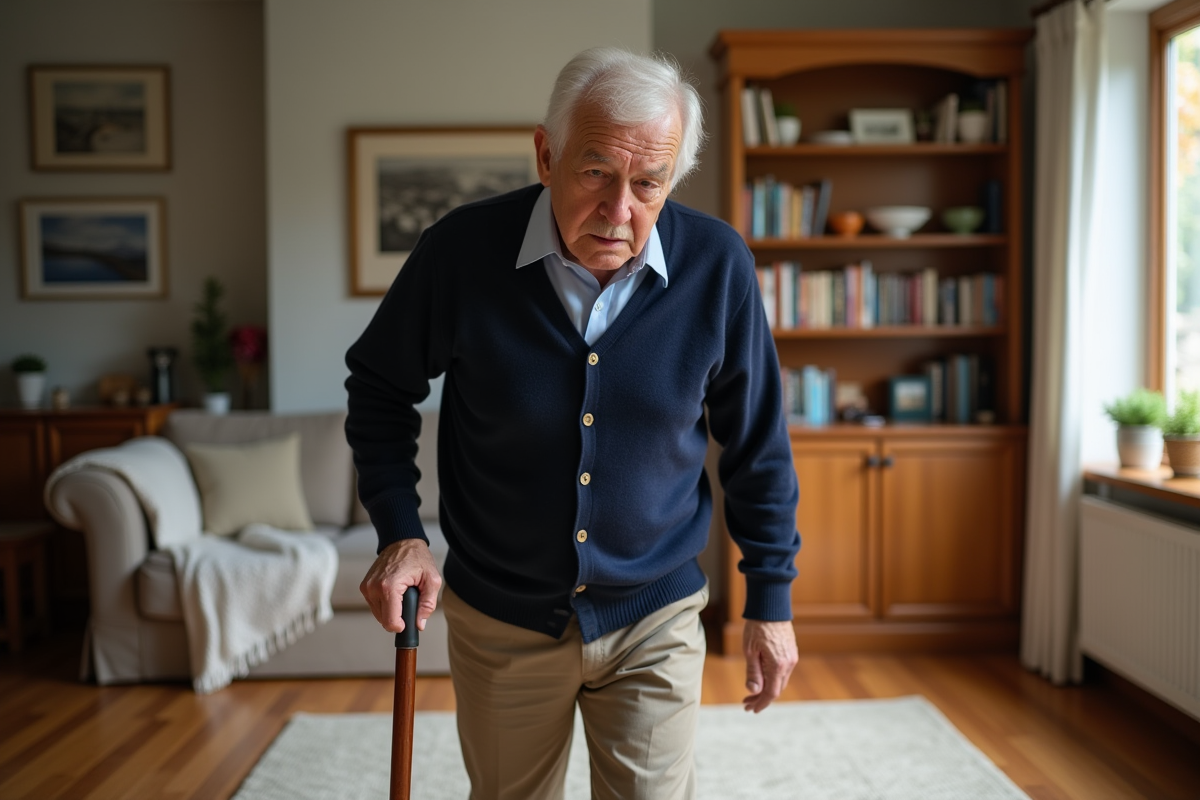 Homme âgé marchant avec une canne dans un salon lumineux