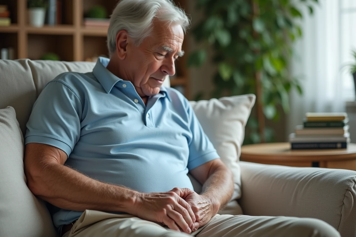 Homme âgé en salon assis pensif en polo bleu