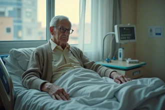 Homme âgé assis sur un lit d'hôpital avec expression réfléchie