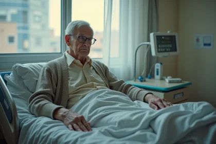 Homme âgé assis sur un lit d'hôpital avec expression réfléchie
