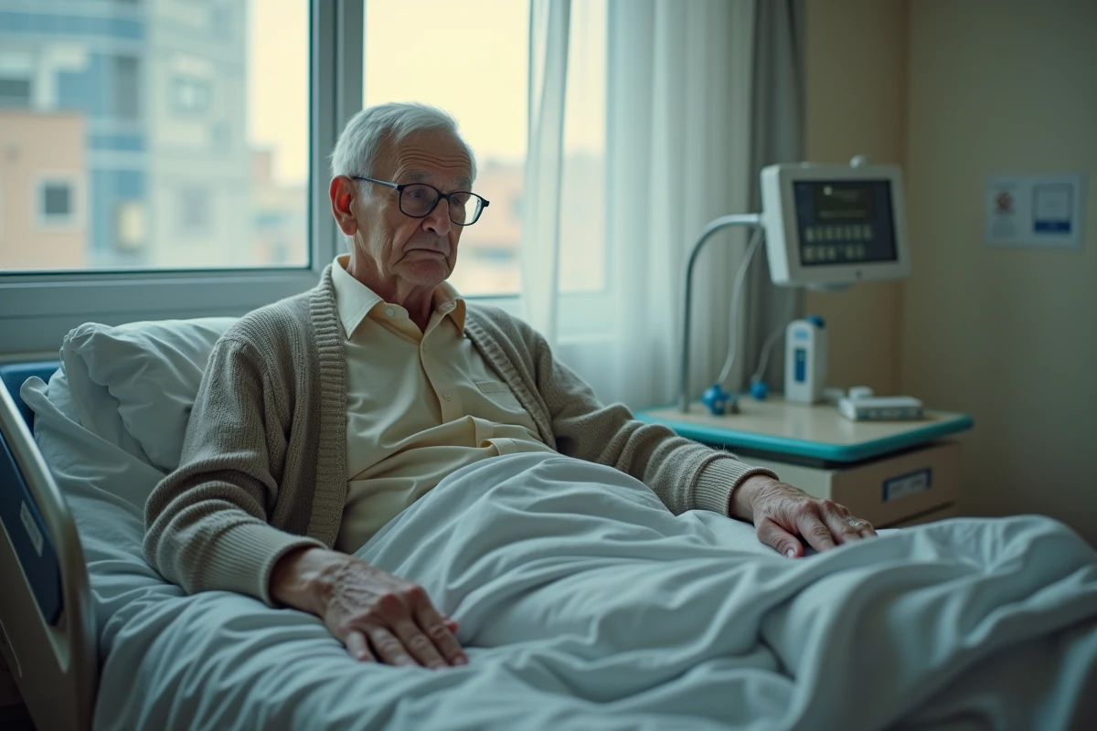 Homme âgé assis sur un lit d'hôpital avec expression réfléchie