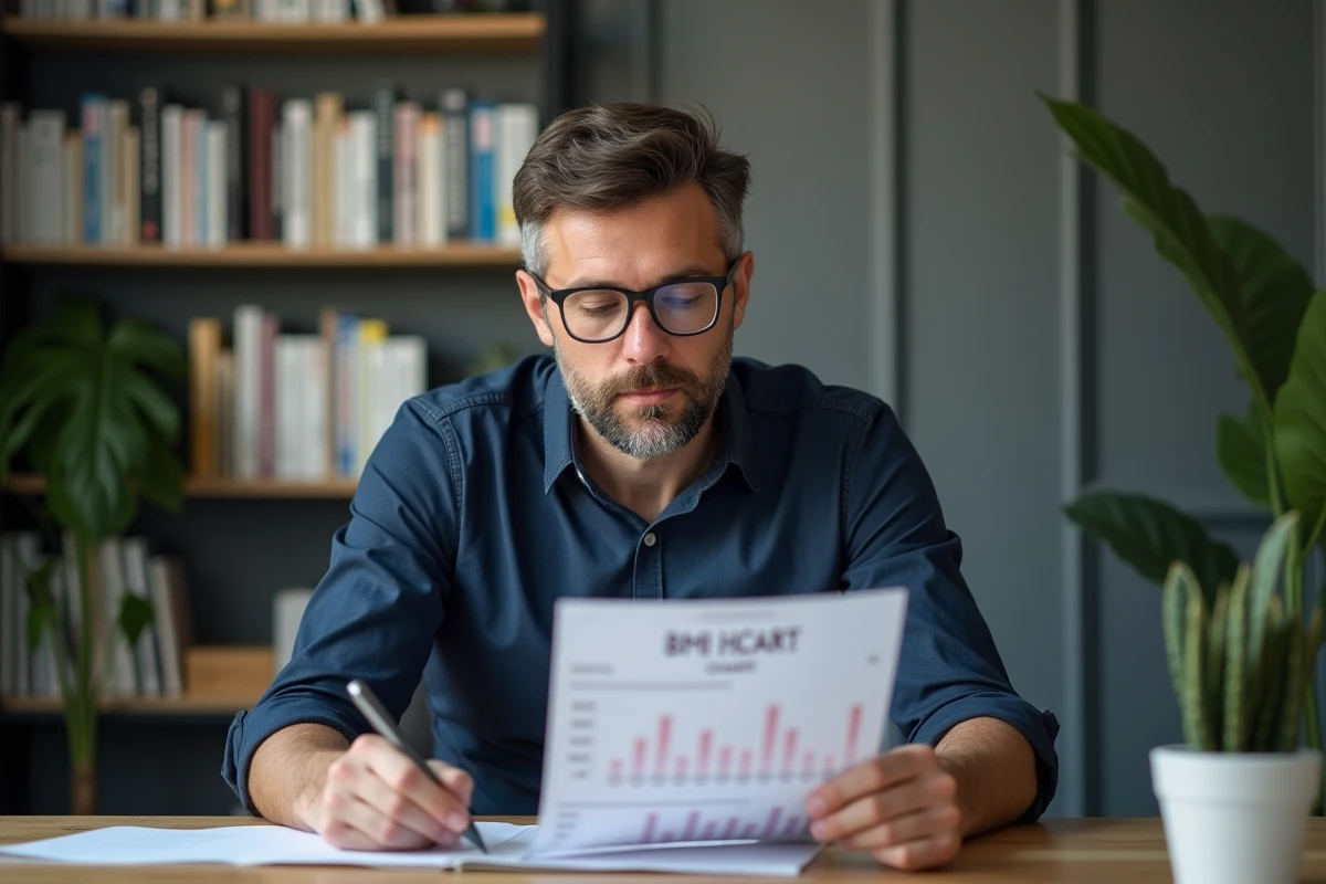 Homme analysant un tableau d'IMC et un rapport de santé à son bureau, comprenant les résultats de l'indice de masse corporelle