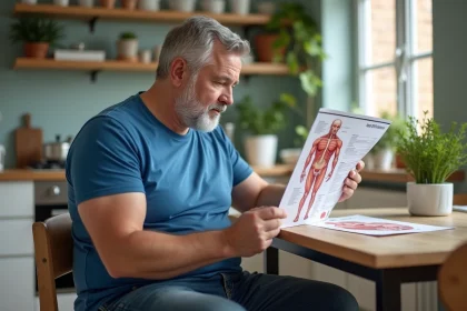 Homme d'âge moyen examine un schéma anatomique dans la cuisine