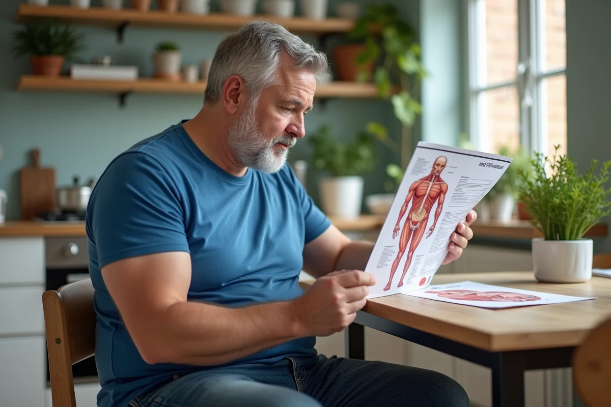 Homme d'âge moyen examine un schéma anatomique dans la cuisine